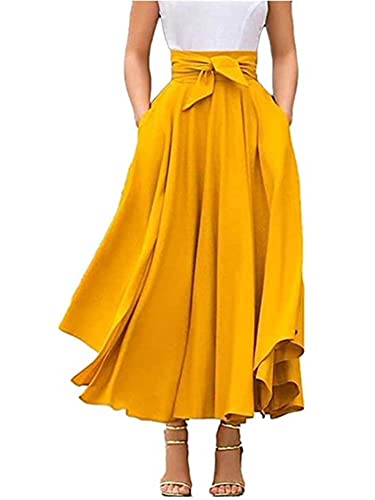 Qtinghua Sommer Damen Hohe Taille Einfarbig Maxirock Mode Schleife Ausgestellt Plissee -Rüschen Langer Rock mit Tasche, gelb, 44 von Qtinghua