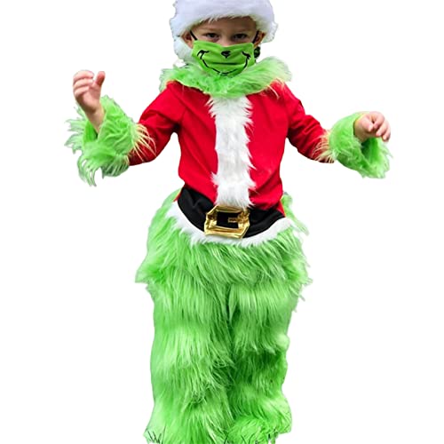 Qtinghua Weihnachten Grinch Santa Kostüm Deluxe mit Hut, Halloween Xmas Lustiges Cosplay Kostüm Requisiten für Erwachsene Kinder, Grüne Kinder, 6- 7 Jahre von Qtinghua