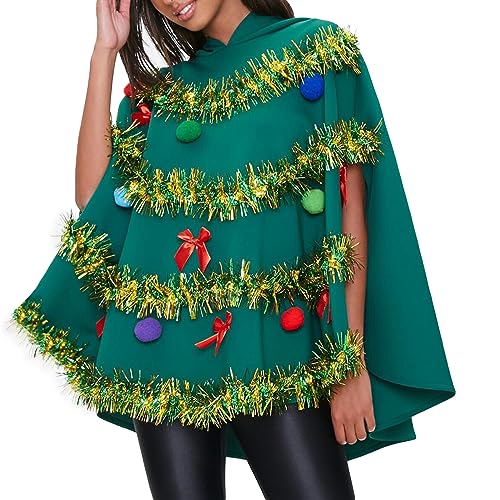 Qtinghua Weihnachtsbaum-Kostüm für Damen, Farbblock-Schleife, glänzender Poncho, Kapuzenumhang, lustig, Weihnachten, Cosplay, Party, Requisite, Geschenk, Outfit, grün, 36 von Qtinghua