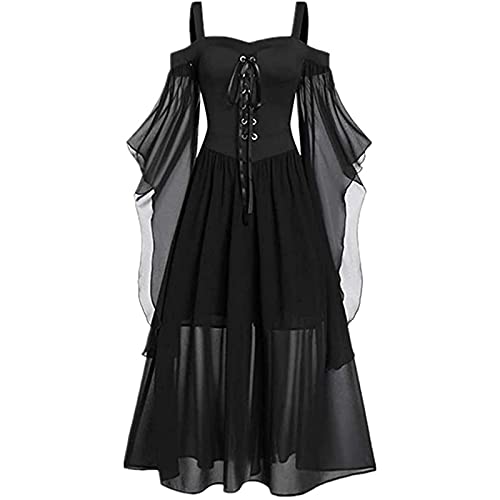 Qtinghua Women Gothic Dress Boat Neck Long Fly Sleeve Skinny Maxi Dress Halloween Cosplay Witch Costumes (Black, Large) von Qtinghua