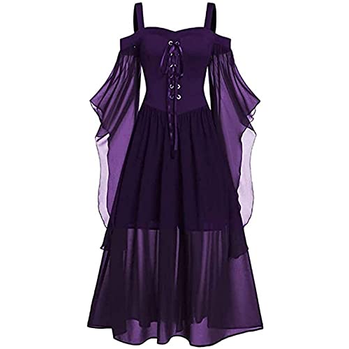 Qtinghua Women Gothic Dress Boat Neck Long Fly Sleeve Skinny Maxi Dress Halloween Cosplay Witch Costumes (Purple, 3X-Large) von Qtinghua