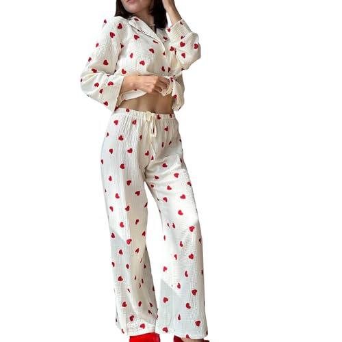 Qtinghua Zweiteiliges Pyjama-Set für Damen, Valentinstag, langärmelig, Herz-Druck, Button-Down-Shirts, Hose, Y2K, Loungewear, Nachtwäsche, F Weiß, 36 von Qtinghua