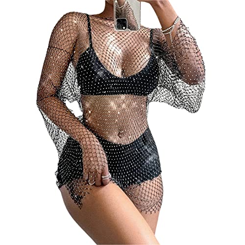 Sexy Damen Sheer Mesh Perle Strass Cover Up Kleid Strand Bademode Bikini Badeanzug Coverups, Kurzes Kleid # schwarz, L von Qtinghua