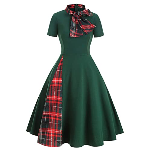 Women's Christmas Plaid Patchwork Retro Short Sleeve A-Line Vintage Style Cocktail Party Swing Short Dress (Green, XX-Large) von Qtinghua