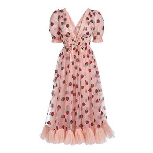 Y2K Frauen Sommer Pailletten Erdbeer Besticktes Kleid V-Ausschnitt Rüschenkleid E-Girls 90er Sommer Beach Kleider Streetwear (Pink Short Sleeve, Small) von Qtinghua