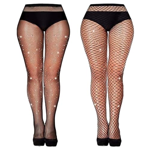 QttvbTna 2 Stück Glitzer Strumpfhose Dame, Strass Netzstrümpfe mit Hoher Taille, Damen einteilige Netzhose mit langen Beinen, Glitzer Schwarz Strumpfhose Damen für Festival Fasching Party von QttvbTna