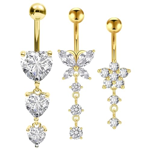 QttvbTna 3stk Bauchnabelpiercing Chirurgenstahl, Gold Bauchpiercing Chirurgenstahl Herz Schmetterling Anhänger Bauchpiercing Piercing Bauchnabel Schmuck für Frauen von QttvbTna