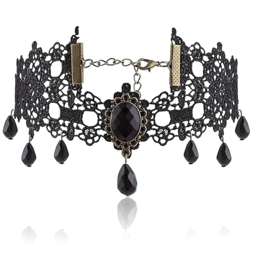 QttvbTna Schwarz Spitze Kristall Anhänger Halsketten, Classic Gothic Steampunk Hohlblume Choker Halskette Halloween Cosplay Party Diamant Halskette Schmuck für Frauen und Mädchen von QttvbTna