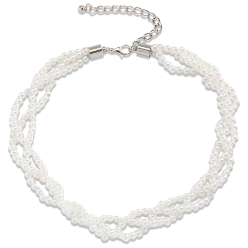 QttvbTna Weiß Mehrreihige Perlenkette Damen, 1 stück 3 reihig Perlen Halskette, Elegante Perlen-Halsketten, Multi Schichte Choker Kette für Frauen und Mädchen, Kostüm Zubehör von QttvbTna