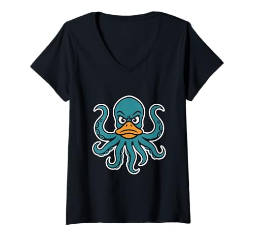 Damen Lustiger Oktopus, Entengesicht, Kraken, Seeungeheuer, Meerestier T-Shirt mit V-Ausschnitt Damen Lustiger Oktopus, Entengesicht, Kraken, Seeungeheuer, Meerestier T-Shirt mit V-Ausschnitt von Quacken Apparel