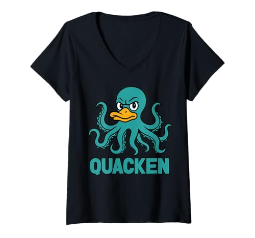 Damen Quacken, Quacksalber, Entenspiel, lustiger Krakenkrake T-Shirt mit V-Ausschnitt Damen Quacken, Quacksalber, Entenspiel, lustiger Krakenkrake T-Shirt mit V-Ausschnitt von Quacken Apparel