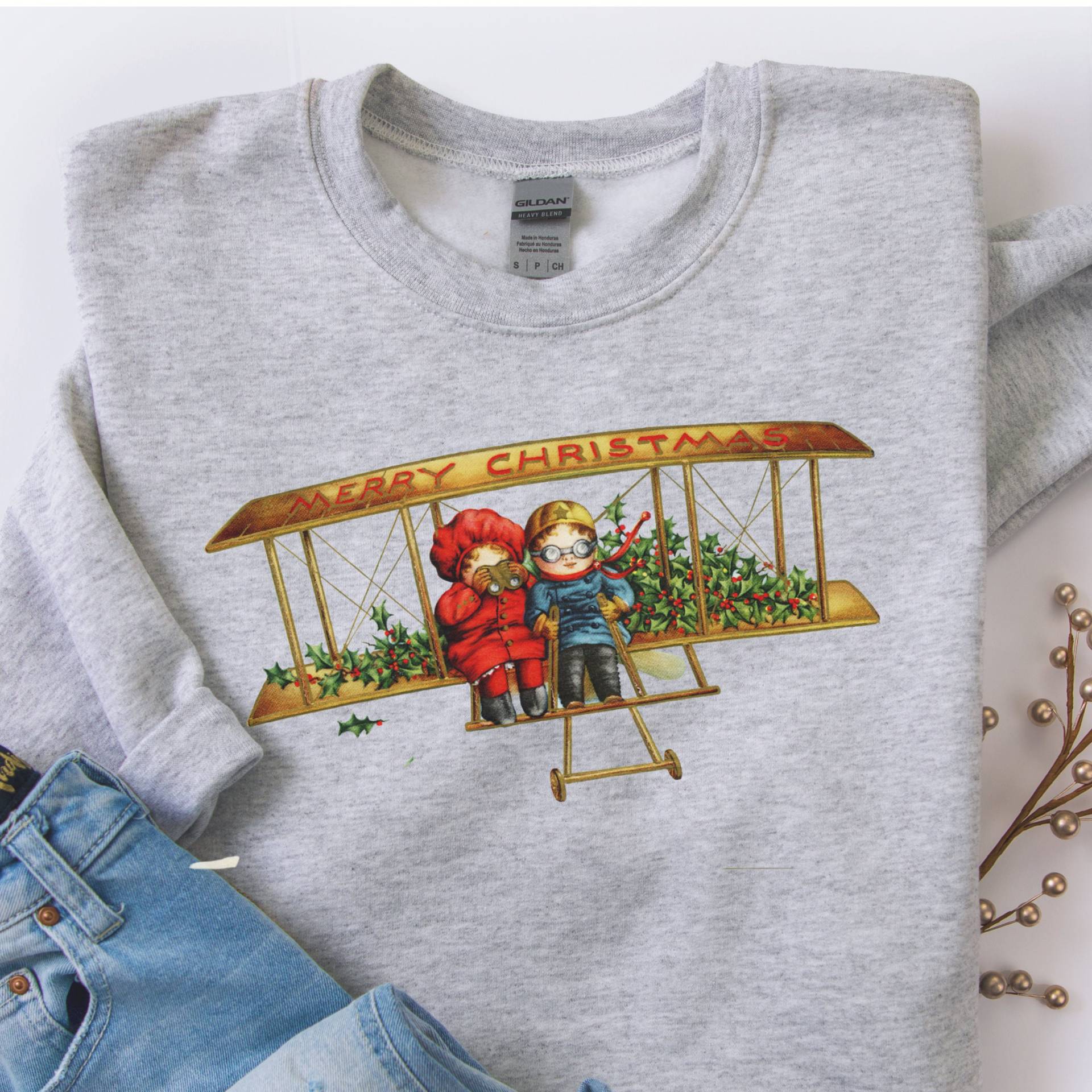 Kinder Auf Flugzeug Vintage Weihnachten Pullover Sweatshirt Retro Urlaub Shirt Party Lustiges von QuailRunDesigns