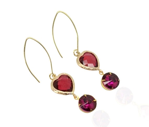 Rubin Und Goldohrringe, Juli Geburtstag Geburtsstein Lange Gold Rote Brautohrringe, Lange Herzkristallohrringe von QuaintCharmsJewelry