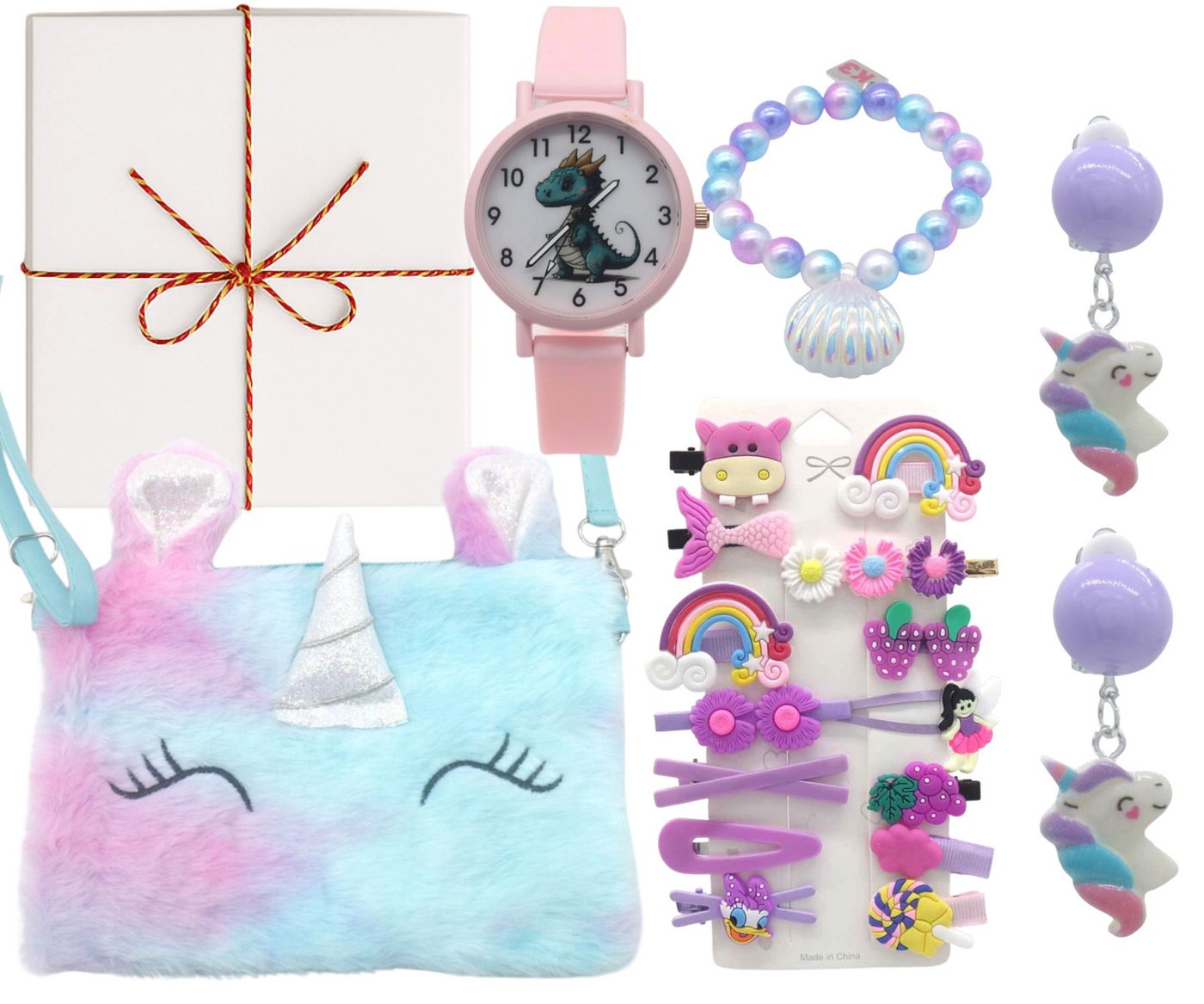 Quality Elegance Schmuckset Unicorn Dreams Geschenkset Mädchen – Tasche, Uhr, Haarschmuck & Schmuc von Quality Elegance