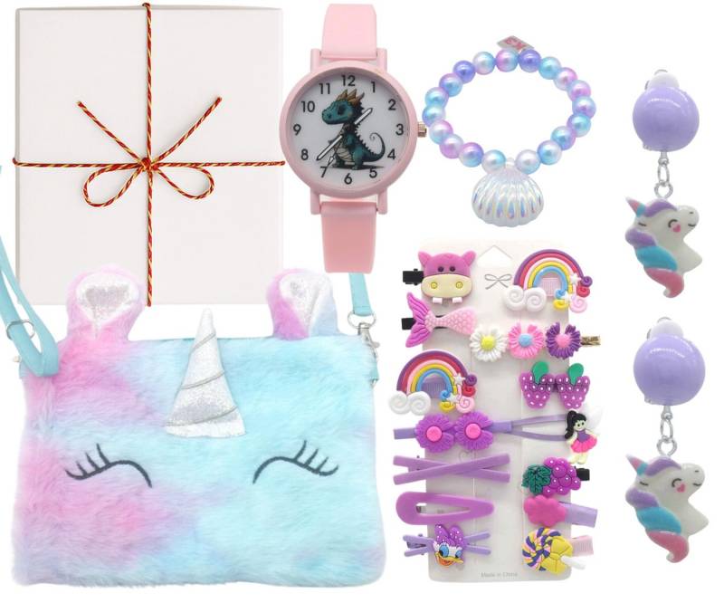 Quality Elegance Schmuckset Unicorn Dreams Geschenkset Mädchen – Tasche, Uhr, Haarschmuck & Schmuc von Quality Elegance