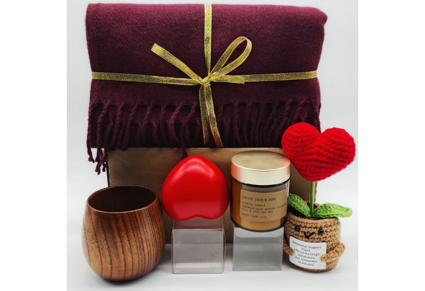 Quality Elegance XXL-Schal Geschenkset für Frauen mit Schal Duftkerze und Herz Stressball-Maroon, (Set, 5-St. Schal, Duftkerze, Herz-Stressball, Holzbecher, Emotional Support Planze), Warm, Entspannend, Stresslösend, Geschenkfertig, Stilvoll von Quality Elegance