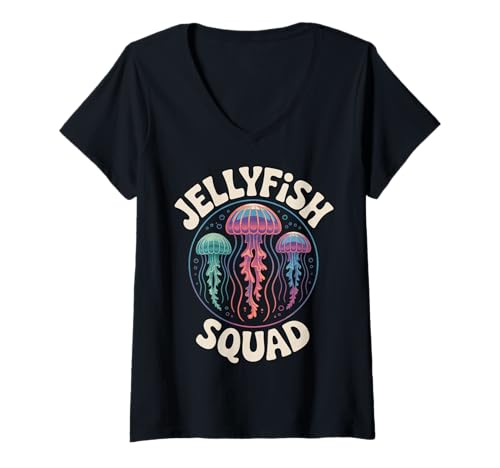 Damen Jellyfish Squad T-Shirt mit V-Ausschnitt Damen Jellyfish Squad T-Shirt mit V-Ausschnitt von Quallen Sporttaucher Tauchteam Tauchen Aquarium
