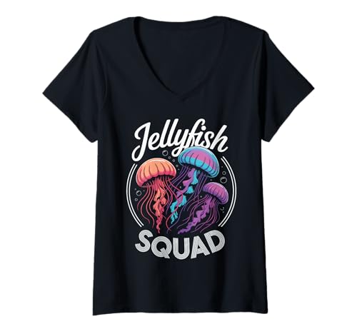Damen Jellyfish Squad T-Shirt mit V-Ausschnitt Damen Jellyfish Squad T-Shirt mit V-Ausschnitt von Quallen Sporttaucher Tauchteam Tauchen Aquarium