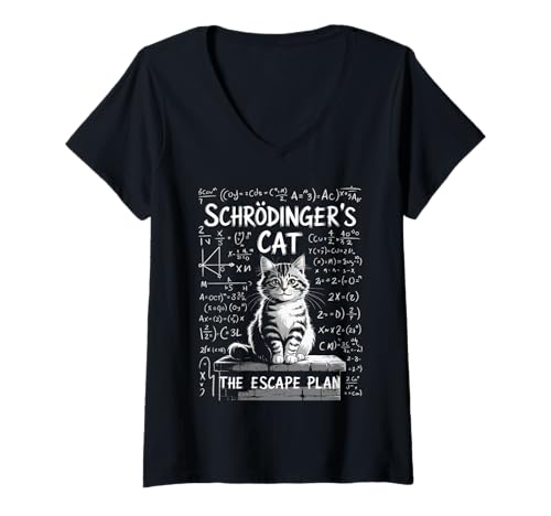 Damen Lustiger Spruch Schrodingers Katze Der Fluchtplan Witz Frauen Männer T-Shirt mit V-Ausschnitt von Quantum Physics Nerd Humor Math Science Kitten