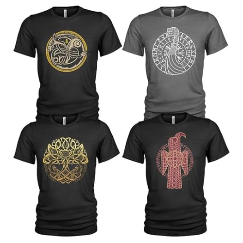 4er-Pack T-Shirt Nordischer Wikinger | Rabe | Runen | Walküre | Ragnarök | Vikings | Walhalla | Midgard | Tshirt der nordischen Mythologie von Quarter Mile Clothing