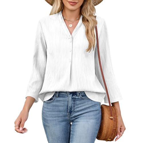 Damen Oberteile 3/4 Arm Blusen Sommer Elegant V-Ausschnitt Shirt Basic Tunika Solide Tops Freizeit Tshirt von Quatrefox