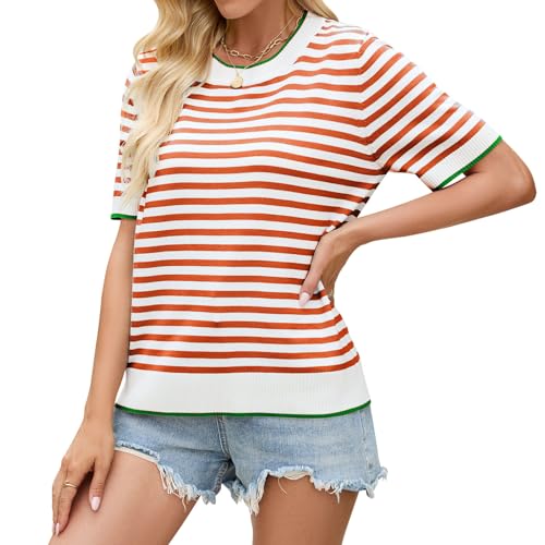 Gestreift Shirt Damen Sommer Oberteile Gestrickt Pullover Kurzarm Strickpullover Stricken Lässig Rundhals Damenshirt Kontrastfarben Blusenshirt von Quatrefox