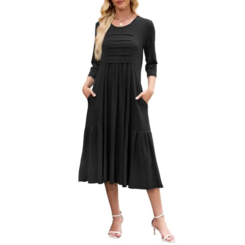 Kleid Damen 3/4 Arm Partykleid Midikleid Rundhals T-Shirt-Kleid Solide Reisekleid Elegant Holidy Kleider mit Taschen für Party Hochzeit von Quatrefox