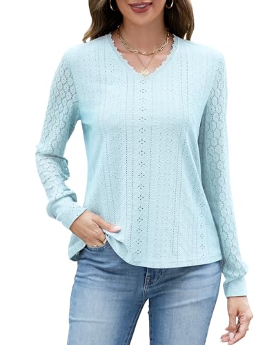 Langarm Oberteile Damen Spitze Blusen Ausschnittdesign Pulover V-Ausschnitt Tshirt Basic Tunika Solide Freizeit Shirt mit Gebündelte Manschetten von Quatrefox