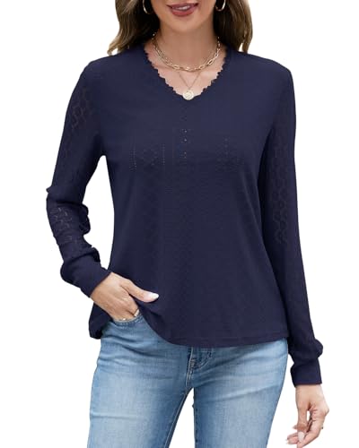 Langarm Oberteile Damen Spitze Blusen Ausschnittdesign Pulover V-Ausschnitt Tshirt Basic Tunika Solide Freizeit Shirt mit Gebündelte Manschetten Langarm Oberteile Damen Spitze Blusen Ausschnittdesign Pulover V-Ausschnitt Tshirt Basic Tunika Solide Freizeit Shirt mit Gebündelte Manschetten von Quatrefox