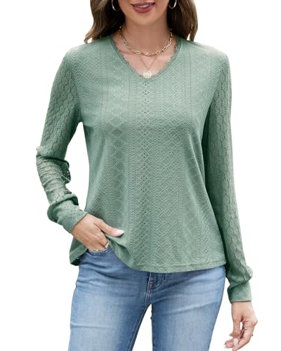 Langarm Oberteile Damen Spitze Blusen Ausschnittdesign Pulover V-Ausschnitt Tshirt Basic Tunika Solide Freizeit Shirt mit Gebündelte Manschetten von Quatrefox