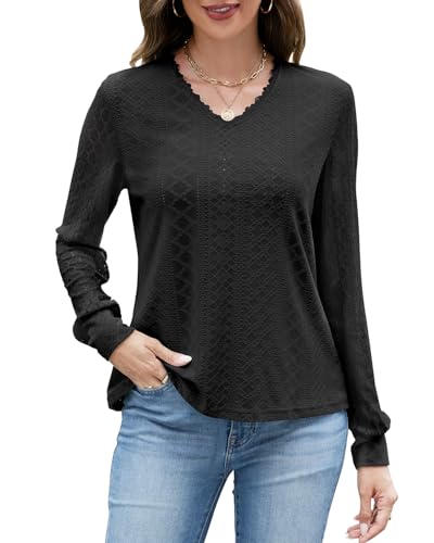 Langarm Oberteile Damen Spitze Blusen Ausschnittdesign Pulover V-Ausschnitt Tshirt Basic Tunika Solide Freizeit Shirt mit Gebündelte Manschetten Langarm Oberteile Damen Spitze Blusen Ausschnittdesign Pulover V-Ausschnitt Tshirt Basic Tunika Solide Freizeit Shirt mit Gebündelte Manschetten von Quatrefox