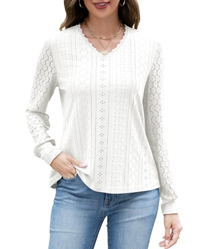 Langarm Oberteile Damen Spitze Blusen Ausschnittdesign Pulover V-Ausschnitt Tshirt Basic Tunika Solide Freizeit Shirt mit Gebündelte Manschetten von Quatrefox