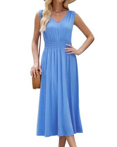 Quatrefox Sommerkleid Damen Ärmellos Kleid Sommer Elegant Midi Kleider Midikleid Strandwear Holidy Kleid Hohe Taille V-Ausschnitt Sommerkleider von Quatrefox