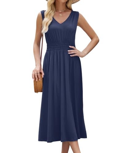 Quatrefox Sommerkleid Damen Ärmellos Kleid Sommer Elegant Midi Kleider Midikleid Strandwear Holidy Kleid Hohe Taille V-Ausschnitt Sommerkleider von Quatrefox