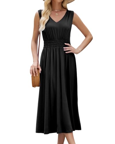 Quatrefox Sommerkleid Damen Ärmellos Kleid Sommer Elegant Midi Kleider Midikleid Strandwear Holidy Kleid Hohe Taille V-Ausschnitt Sommerkleider von Quatrefox