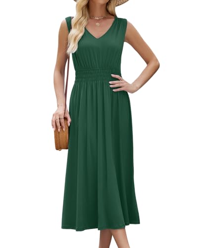 Quatrefox Sommerkleid Damen Ärmellos Kleid Sommer Elegant Midi Kleider Midikleid Strandwear Holidy Kleid Hohe Taille V-Ausschnitt Sommerkleider von Quatrefox