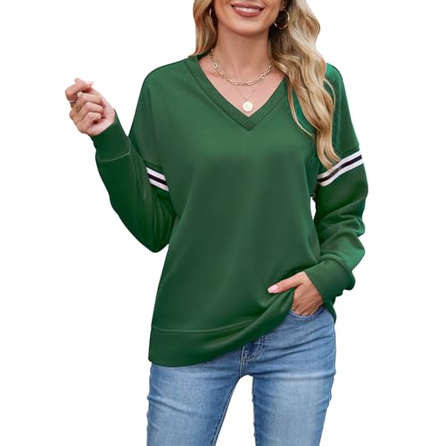 Sweatshirt Damen Oberteile Langarm Pullover V-Ausschnitt Bluse Lässig Elegant Shirt Basic Tunika Freizeit Farbblock Blusenshirt für Frühling Herbst Winter von Quatrefox