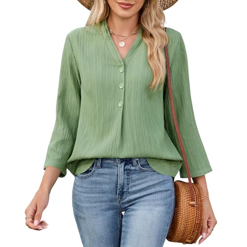 Damen Oberteile 3/4 Arm Blusen Sommer Elegant V-Ausschnitt Shirt Basic Tunika Solide Tops Freizeit Tshirt von Quatrefox