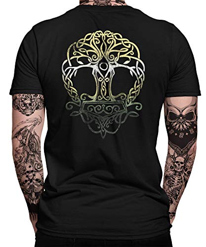 Baum des Lebens Wikinger Viking Valhalla Odin Thor Nordmann Wolf Nordische Mythologie Skal Norse B Herren Männer T-Shirt | Schwarz | S | Beidseitig von Quattro Formatee