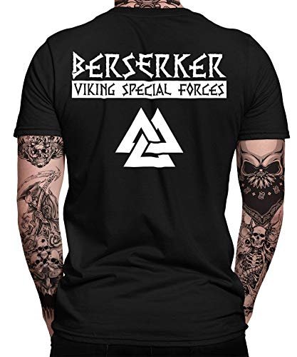 Berserker Wikinger Viking Valhalla Odin Thor Nordmann Wolf Nordische Mythologie Skal Norse B Herren Männer T-Shirt | Schwarz | XL | Beidseitig von Quattro Formatee