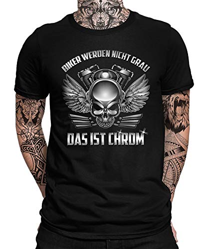 Biker Grau Chrom Totenkop Bike Motorrad Motorradfahren Chopper Rider Moped Rocker Metal Racer Herren Männer T-Shirt von Quattro Formatee