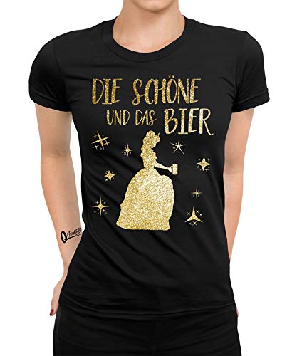 Die Schöne Und Das Bier - Karneval Fasching Märchen-Prinzessin Alkohol Party Festival Frauen Damen T-Shirt | Schwarz | 3XL von Quattro Formatee