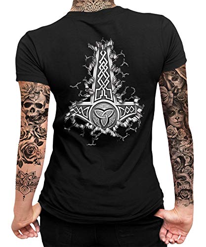 Hammer Wikinger Viking Valhalla Odin Thor Nordmann Wolf Nordische Mythologie Skal Norse B Damen Frauen T-Shirt | Schwarz | M | Beidseitig von Quattro Formatee