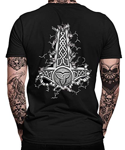 Hammer Wikinger Viking Valhalla Odin Thor Nordmann Wolf Nordische Mythologie Skal Norse B Herren Männer T-Shirt | Schwarz | 3XL | Beidseitig von Quattro Formatee