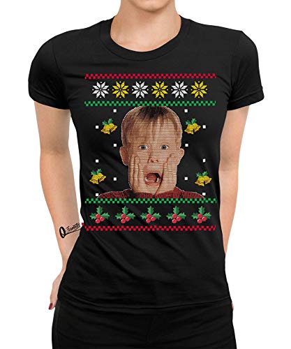 Kevin Allein Zuhause - Ugly Christmas Sweater Weihnachten Merry X-Mas Santa Claus Weihnachtsoutfit Frauen Damen T-Shirt | Schwarz | XL von Quattro Formatee