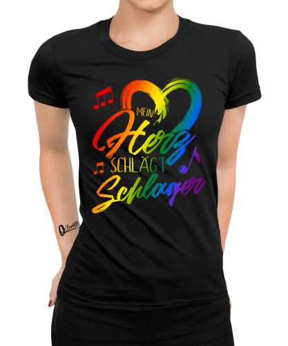 Mein Herz schlägt Schlager LGBT Gay Pride Regenbogen- Schlager Party Mallorca Schlagermusik JGA Herz Frauen Damen T-Shirt | Schwarz | XL von Quattro Formatee