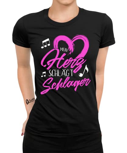 Mein Herz schlägt Schlager - Schlager Party Mallorca Schlagermusik JGA Herz Frauen Damen T-Shirt | Schwarz | 3XL von Quattro Formatee