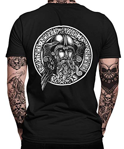 Odin Valknut Wikinger Viking Valhalla Odin Thor Nordmann Wolf Nordische Mythologie Skal Norse B Herren Männer T-Shirt | Schwarz | L | Beidseitig von Quattro Formatee