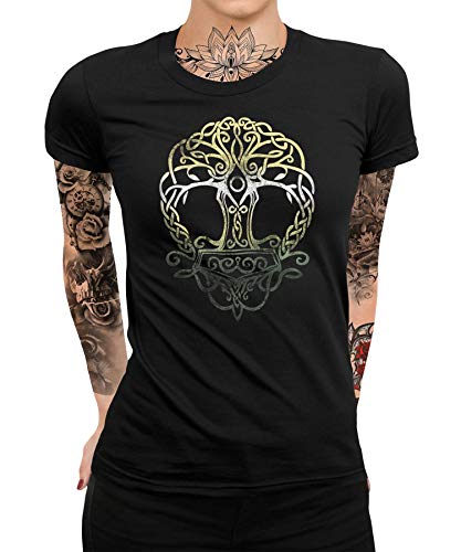 Quattro Formatee Baum des Lebens Wikinger Viking Valhalla Odin Thor Nordmann Wolf Nordische Mythologie Skal Norse Frauen Damen T-Shirt von Quattro Formatee