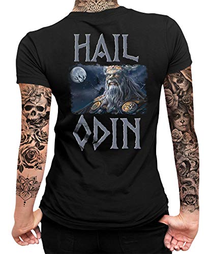 Quattro Formatee Hail Odin Wikinger Viking Valhalla Odin Thor Nordmann Wolf Nordische Mythologie Skal Norse Frauen Damen T-Shirt Rücken von Quattro Formatee